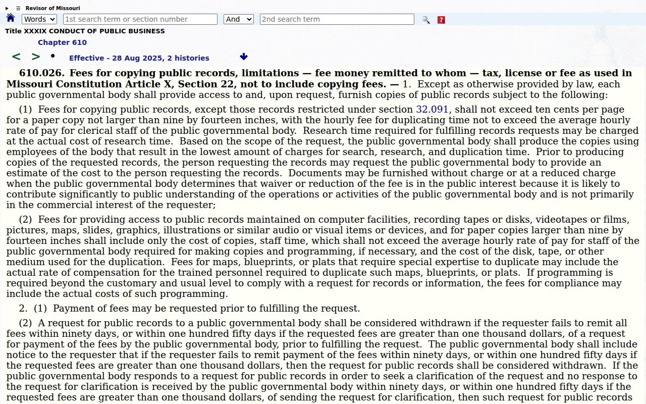 Benton County civil court docket copy-cost source for Missouri Revised Statutes section 610.026