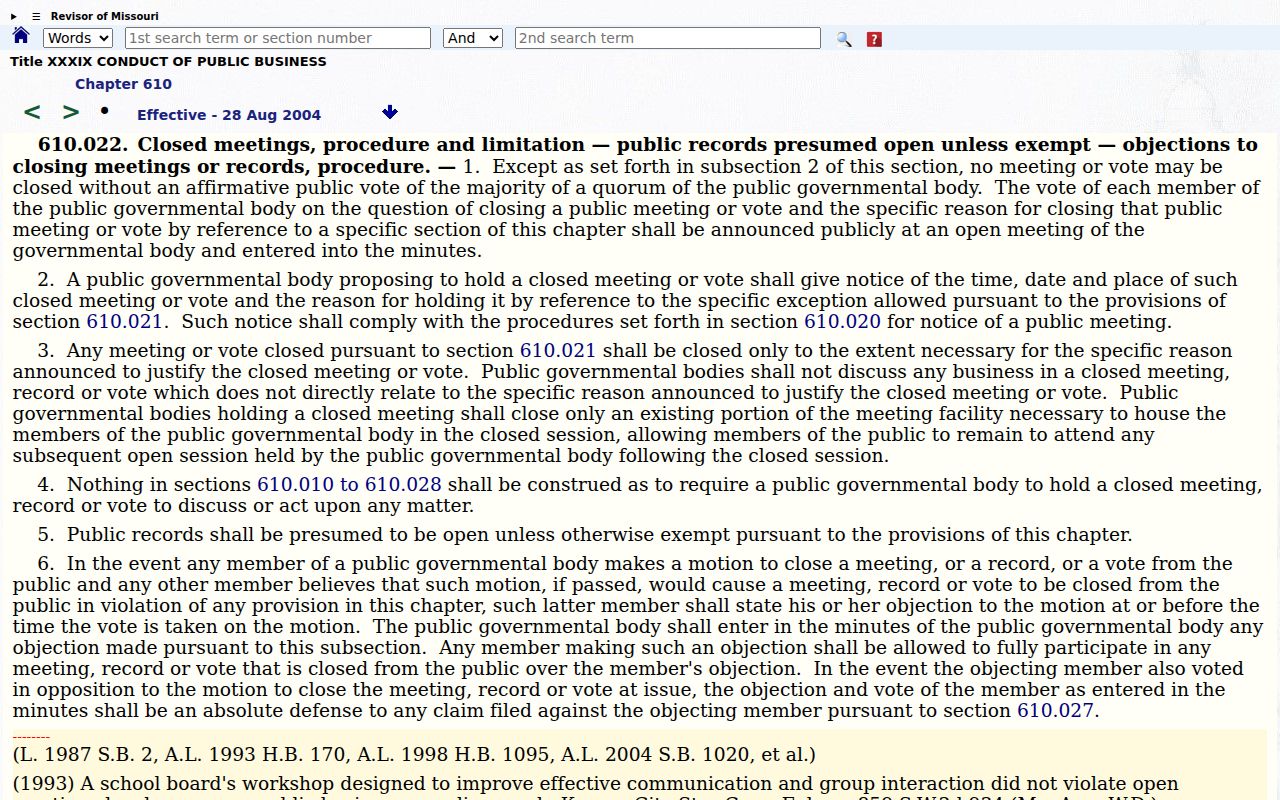 Benton County civil court docket public access source for Missouri Revised Statutes section 610.022