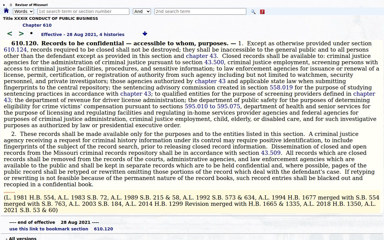Benton County criminal court docket access source for Missouri Revised Statutes section 610.120